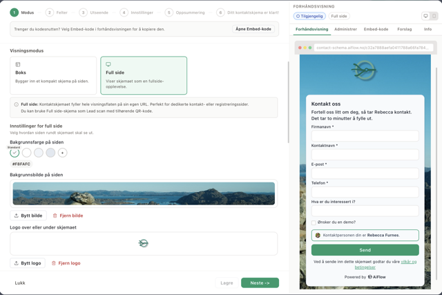 Skjemabygger for kontaktskjema i AIFlow CRM